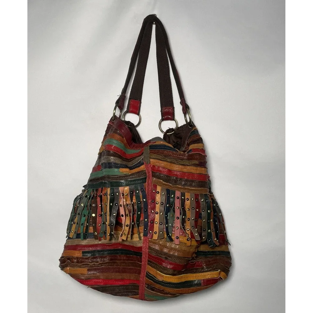 Multi Colored Patchwork Leather Stripes Hobo Studded Bag